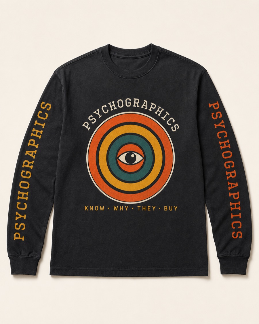 Black heavyweight long-sleeve tee: PSYCHOGRAPHICS printed down each sleeve in burnt orange and gold, hypnotic eye-in-rings chest print with arched wordmark and KNOW WHY THEY BUY beneath